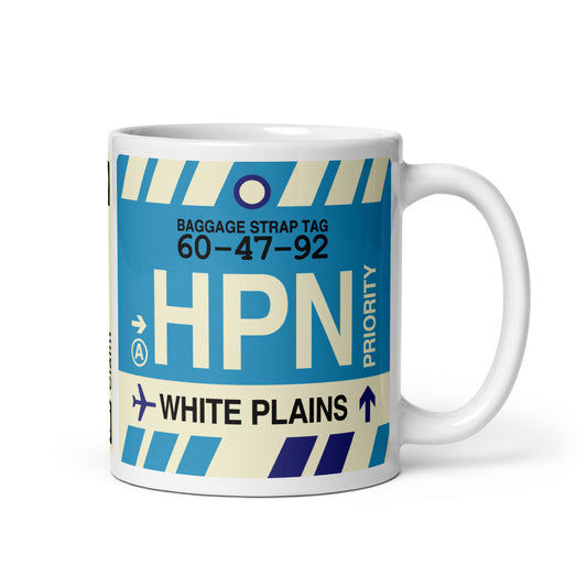 HPN White Plains Coffee Mug • Jet Age Baggage Tag Design • YHM Designs - Image 01