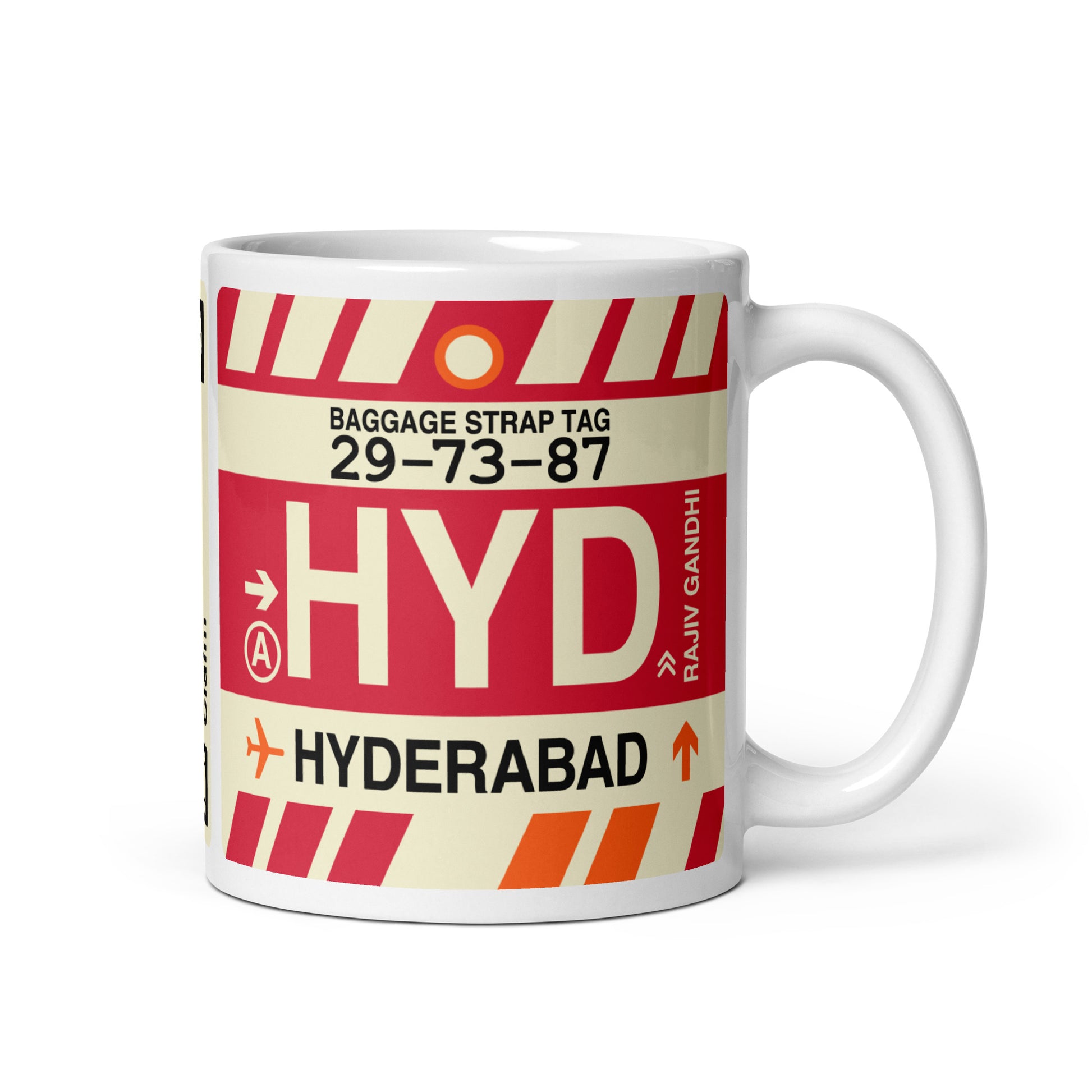 HYD Hyderabad Coffee Mug • Jet Age Baggage Tag Design • YHM Designs - Image 01