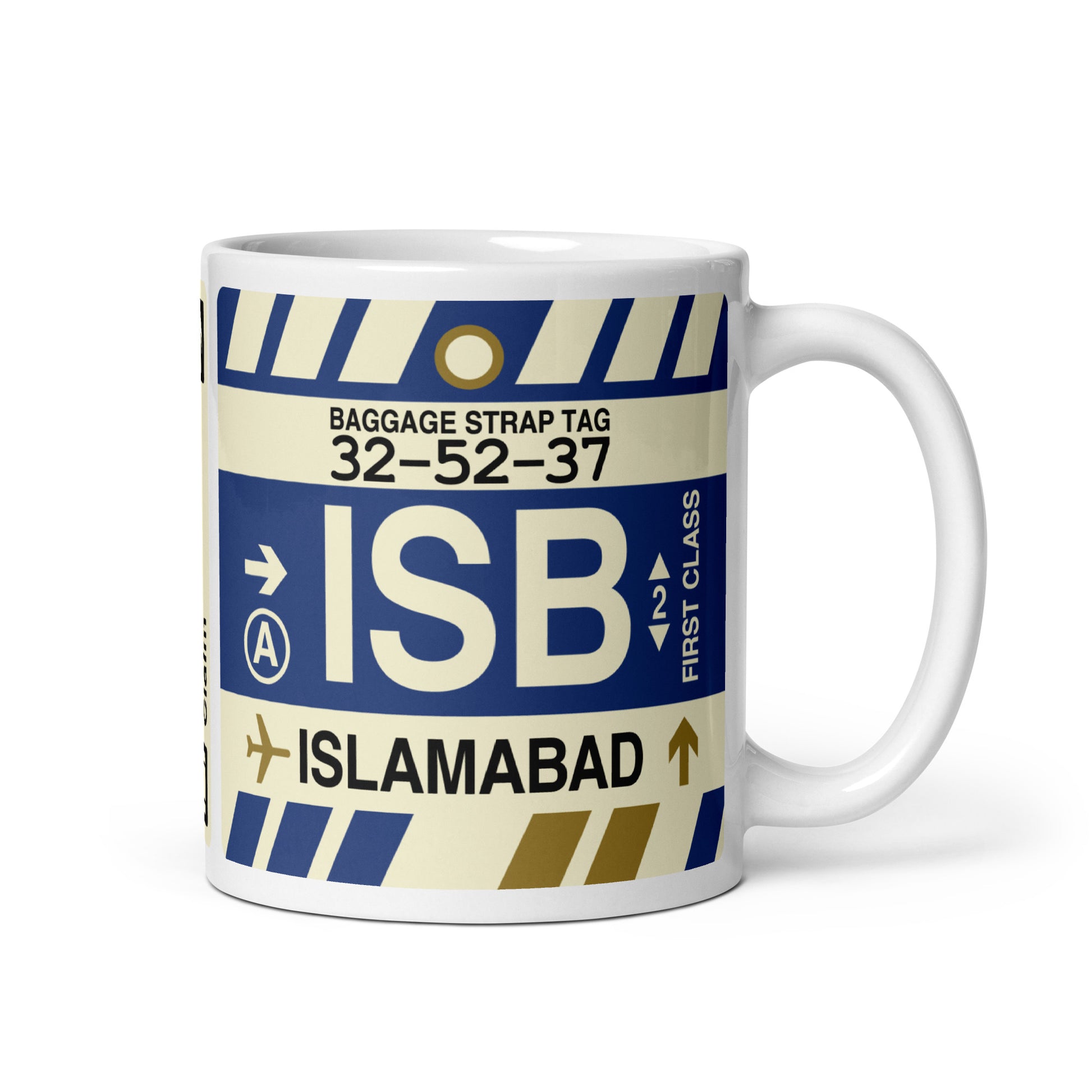 ISB Islamabad Coffee Mug • Jet Age Baggage Tag Design • YHM Designs - Image 01