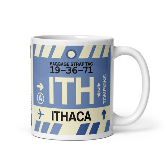 ITH Ithaca Coffee Mug • Jet Age Baggage Tag Design • YHM Designs - Image 01