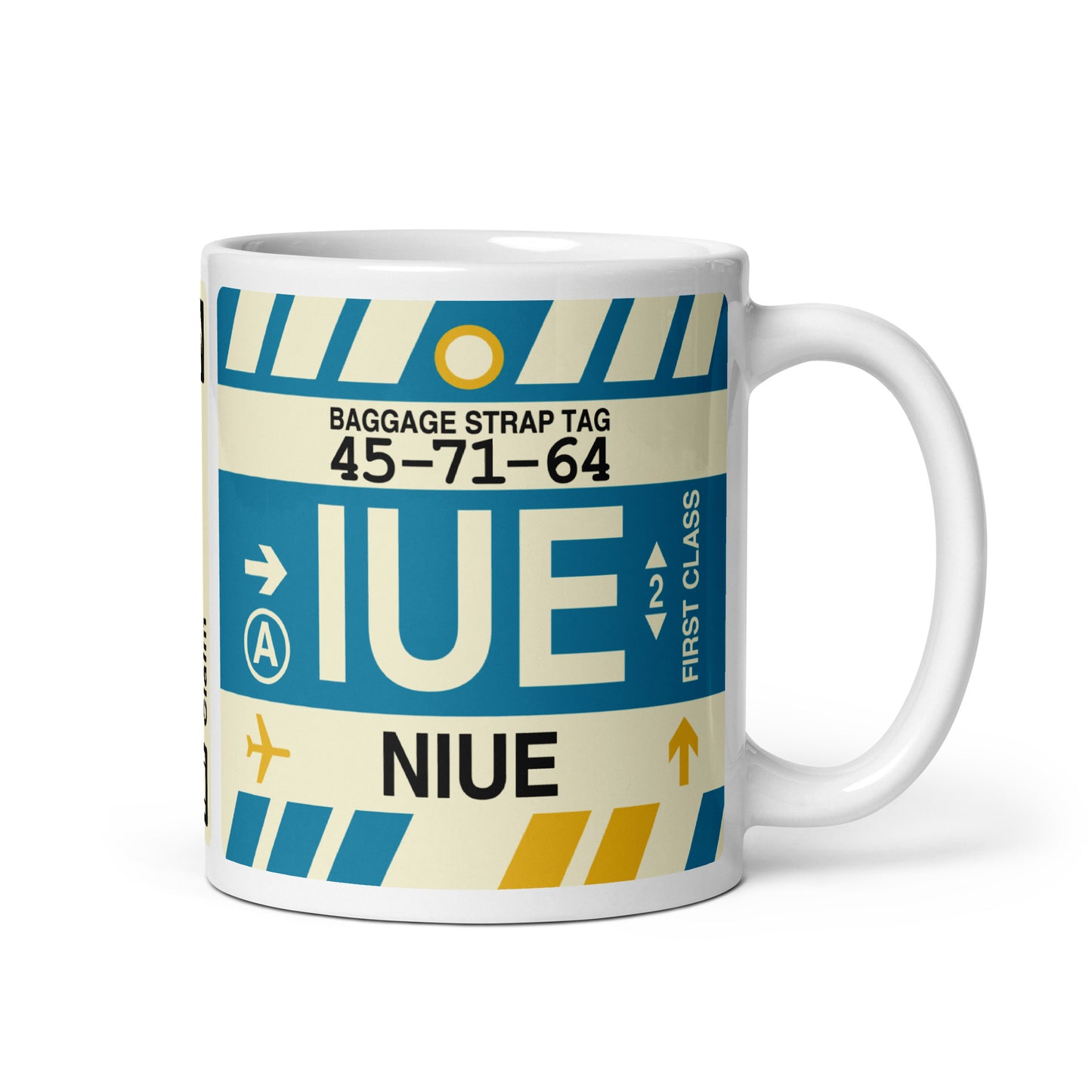 IUE Niue Coffee Mug • Jet Age Baggage Tag Design • YHM Designs - Image 01