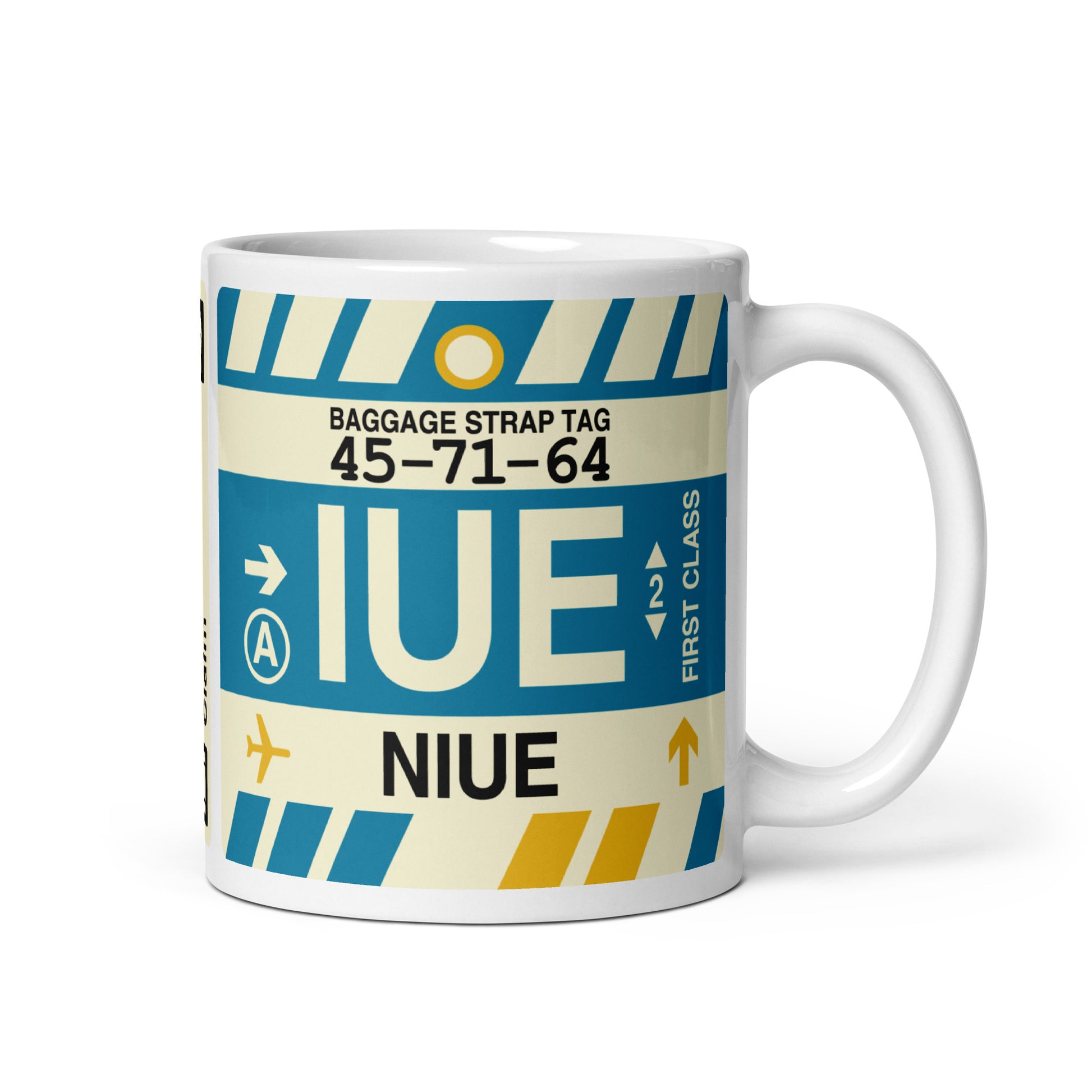 IUE Niue Coffee Mug • Jet Age Baggage Tag Design • YHM Designs - Image 01