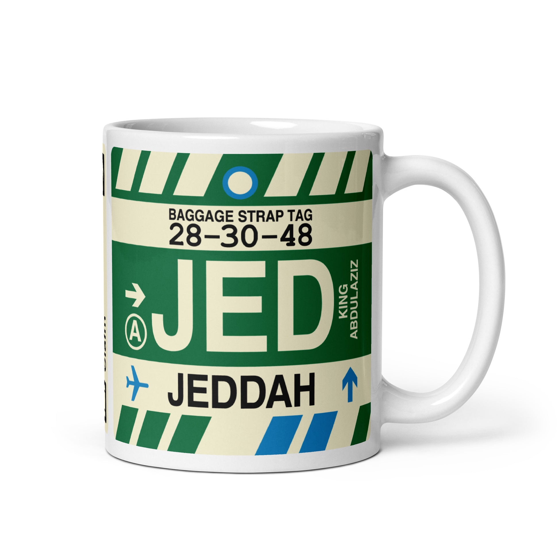 JED Jeddah Coffee Mug • Jet Age Baggage Tag Design • YHM Designs - Image 01