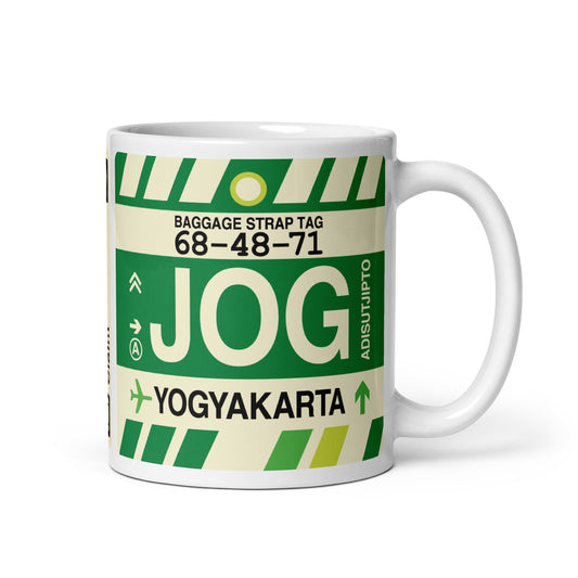 JOG Yogyakarta Coffee Mug • Jet Age Baggage Tag Design • YHM Designs - Image 01