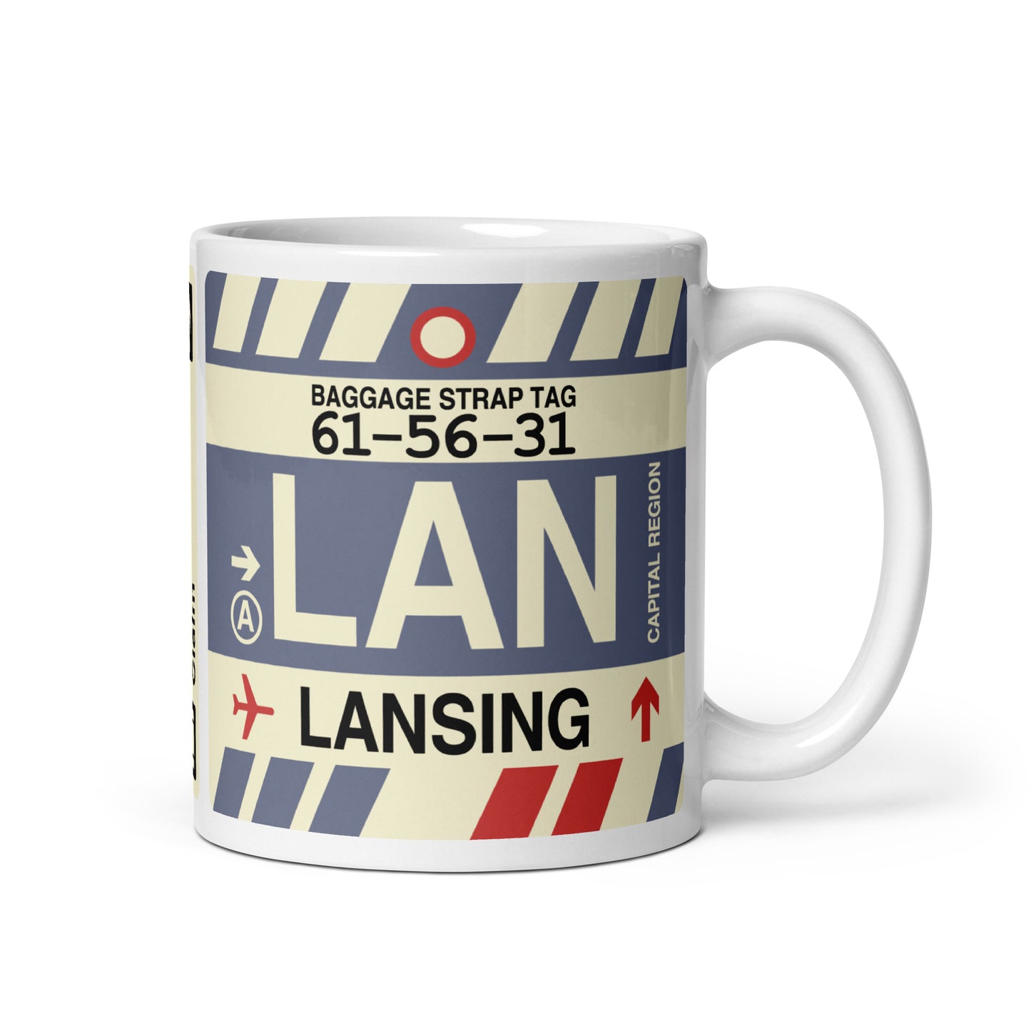 LAN Lansing Coffee Mug • Jet Age Baggage Tag Design • YHM Designs - Image 01
