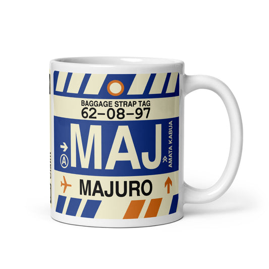 MAJ Majuro Coffee Mug • Jet Age Baggage Tag Design • YHM Designs - Image 01