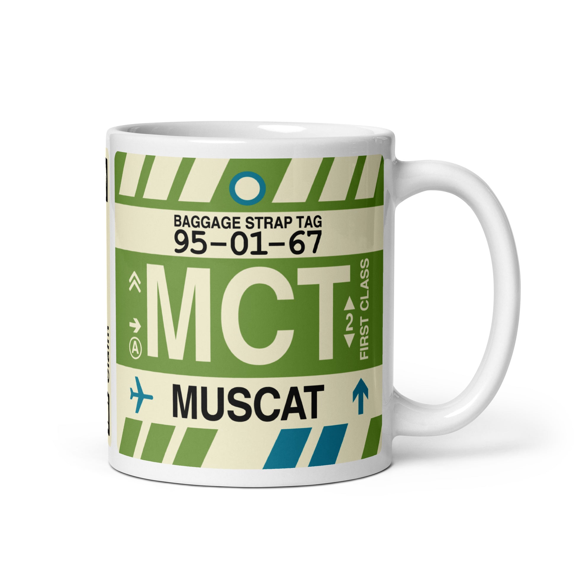 MCT Muscat Coffee Mug • Jet Age Baggage Tag Design • YHM Designs - Image 01