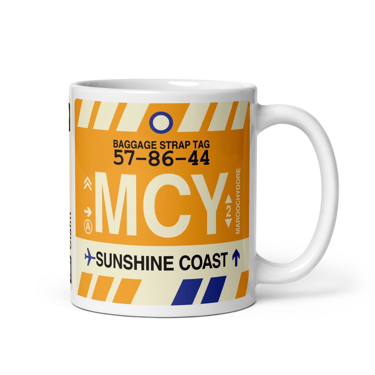 MCY Sunshine Coast Coffee Mug • Jet Age Baggage Tag Design • YHM Designs - Image 01