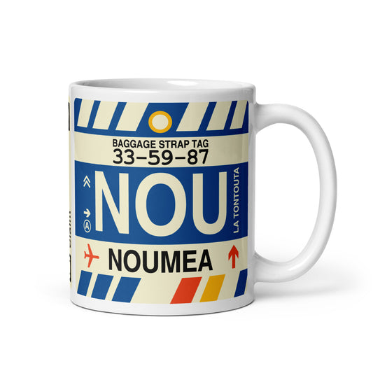 NOU Nouméa Coffee Mug • Jet Age Baggage Tag Design • YHM Designs - Image 01