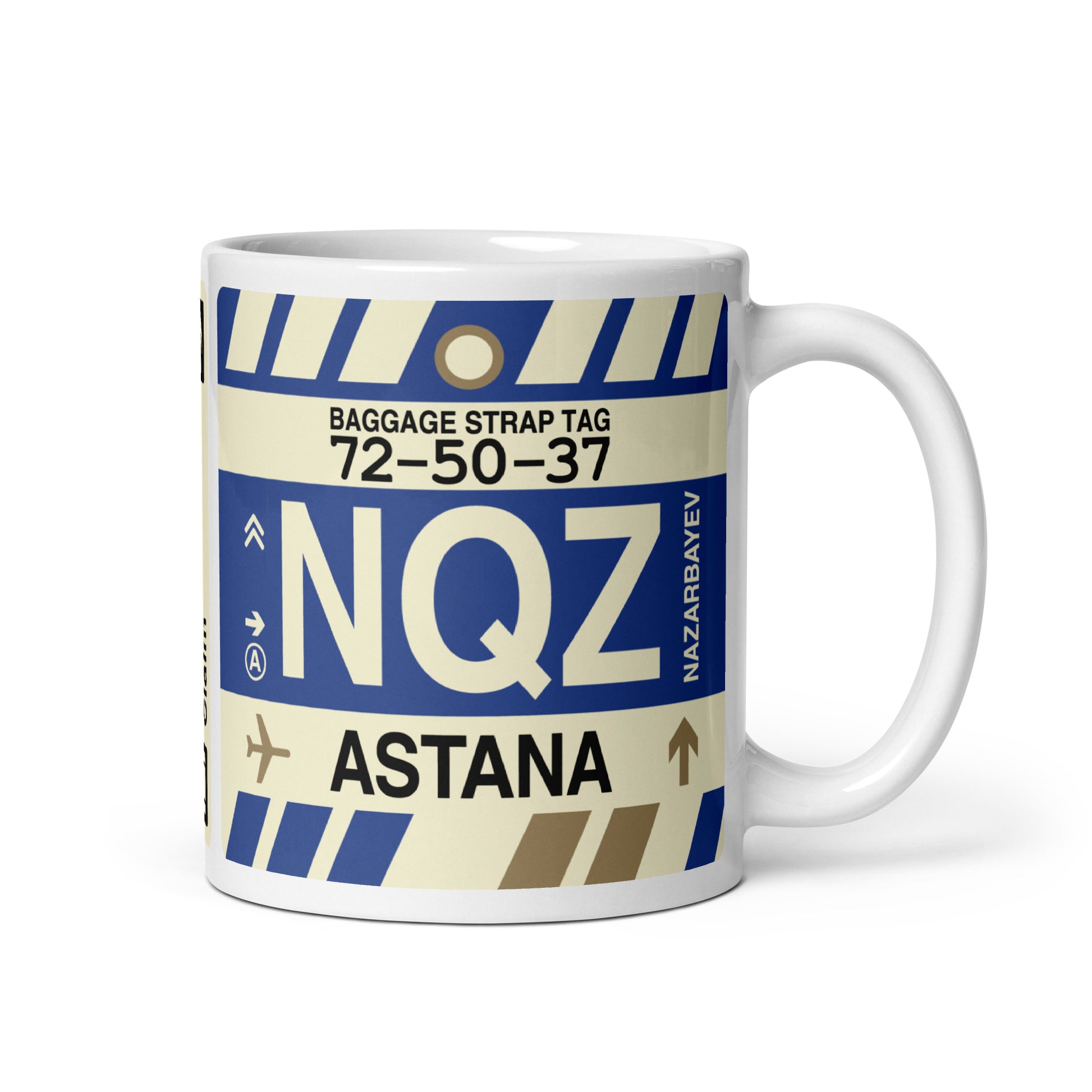 NQZ Astana Coffee Mug • Jet Age Baggage Tag Design • YHM Designs - Image 01