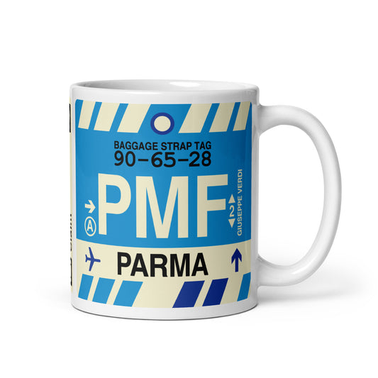 PMF Parma Coffee Mug • Jet Age Baggage Tag Design • YHM Designs - Image 01