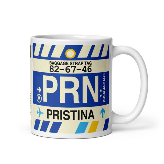 PRN Pristina Coffee Mug • Jet Age Baggage Tag Design • YHM Designs - Image 01