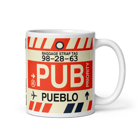 PUB Pueblo Coffee Mug • Jet Age Baggage Tag Design • YHM Designs - Image 01