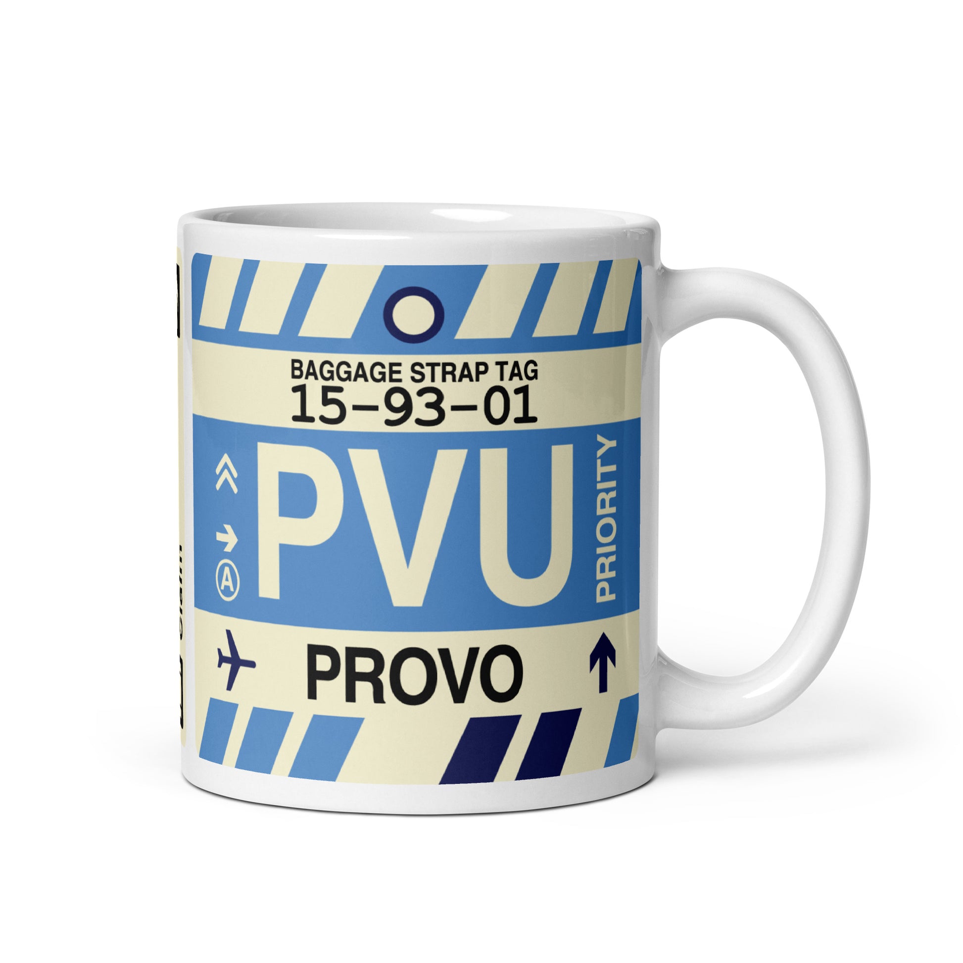 PVU Provo Coffee Mug • Jet Age Baggage Tag Design • YHM Designs - Image 01