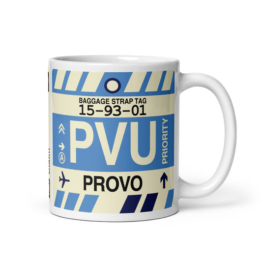 PVU Provo Coffee Mug • Jet Age Baggage Tag Design • YHM Designs - Image 01