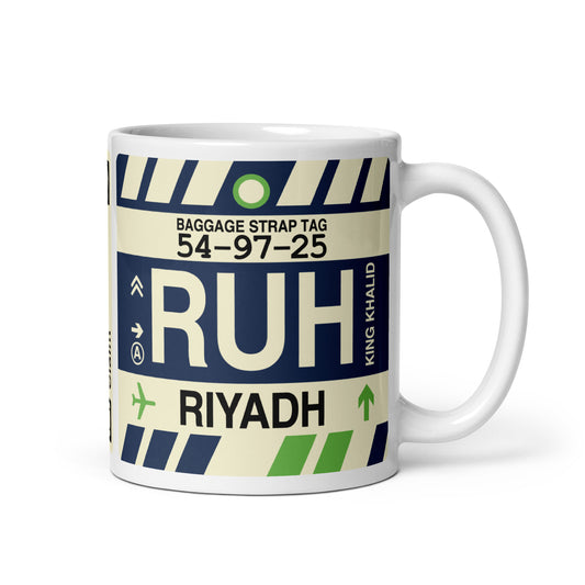 RUH Riyadh Coffee Mug • Jet Age Baggage Tag Design • YHM Designs - Image 01