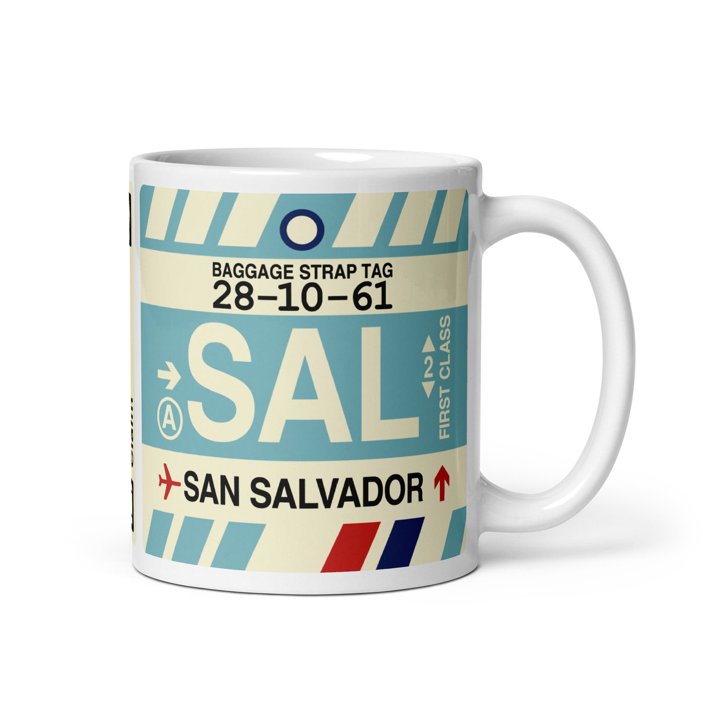 SAL San Salvador Coffee Mug • Jet Age Baggage Tag Design • YHM Designs - Image 01