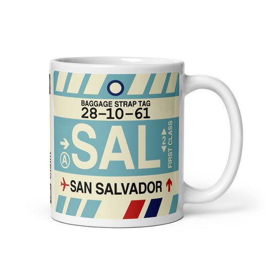 SAL San Salvador Coffee Mug • Jet Age Baggage Tag Design • YHM Designs - Image 01