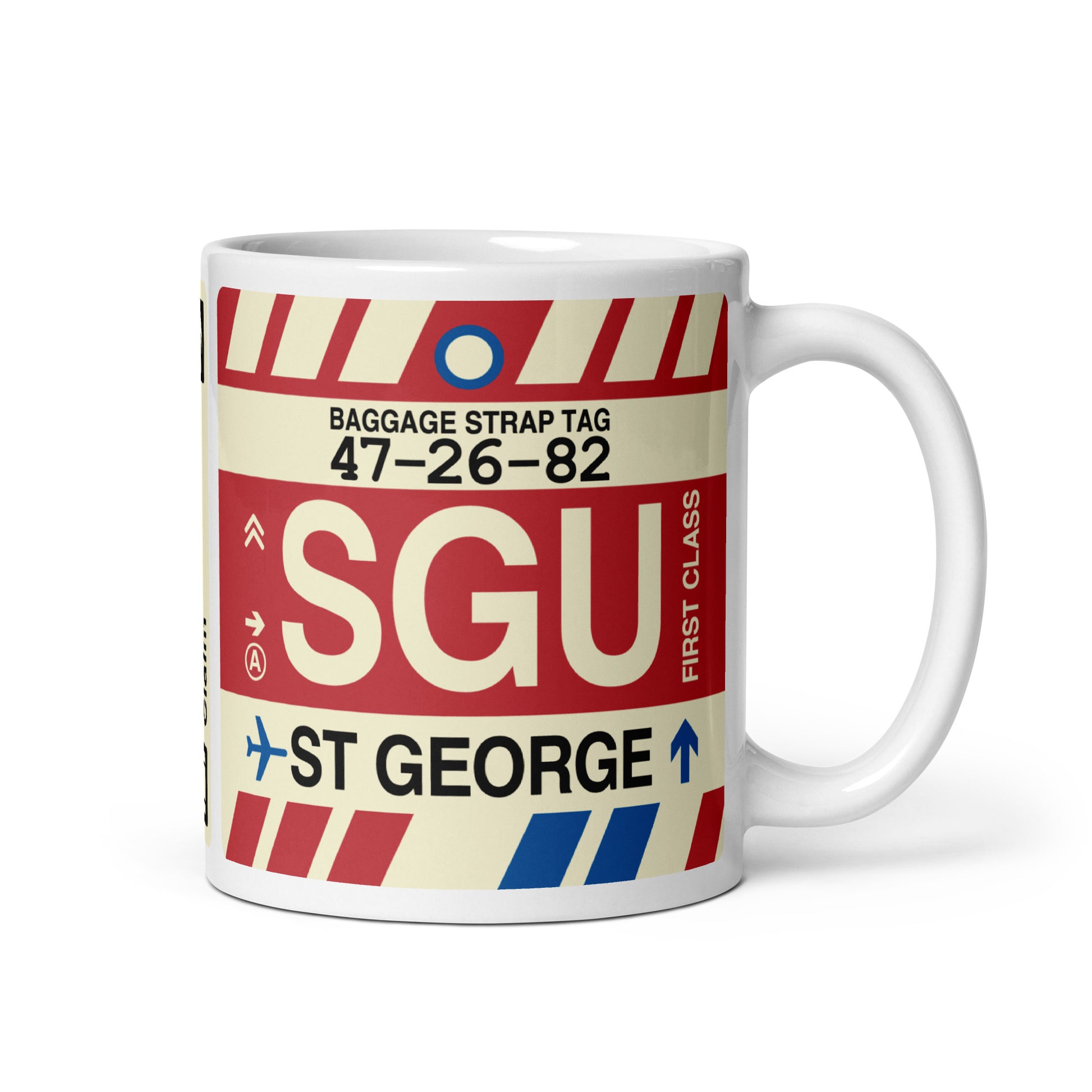 SGU St. George Coffee Mug • Jet Age Baggage Tag Design • YHM Designs - Image 01