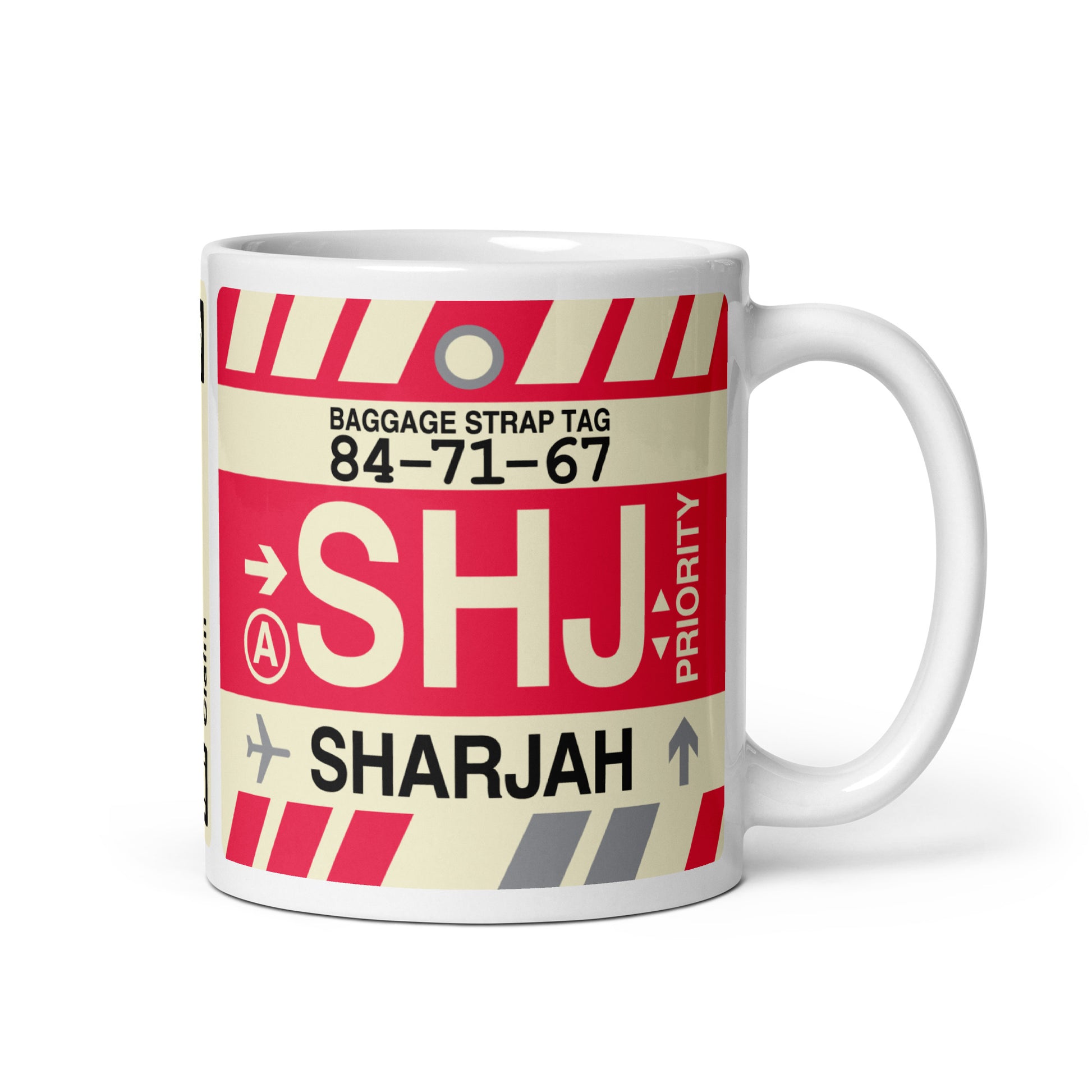 SHJ Sharjah Coffee Mug • Jet Age Baggage Tag Design • YHM Designs - Image 01