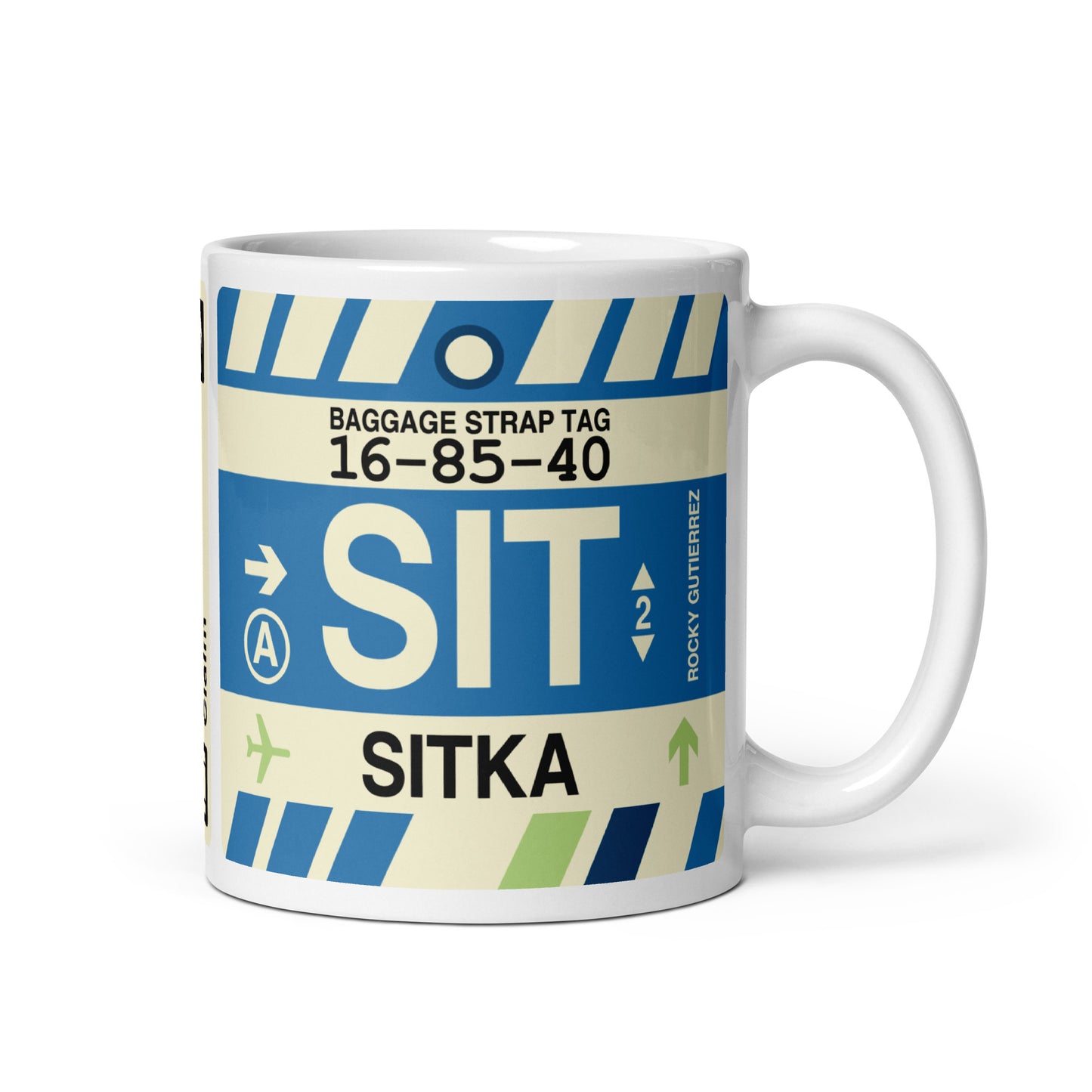 SIT Sitka Coffee Mug • Jet Age Baggage Tag Design • YHM Designs - Image 01