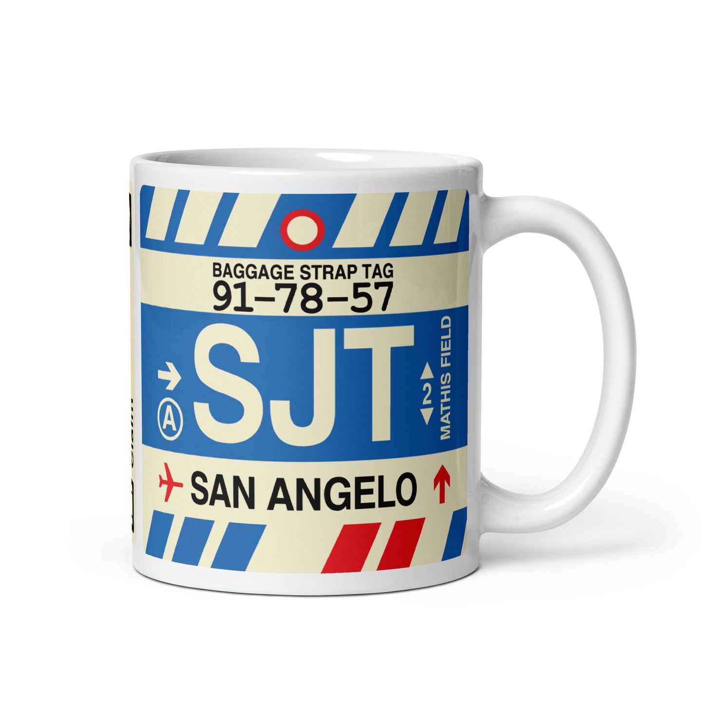 SJT San Angelo Coffee Mug • Jet Age Baggage Tag Design • YHM Designs - Image 01