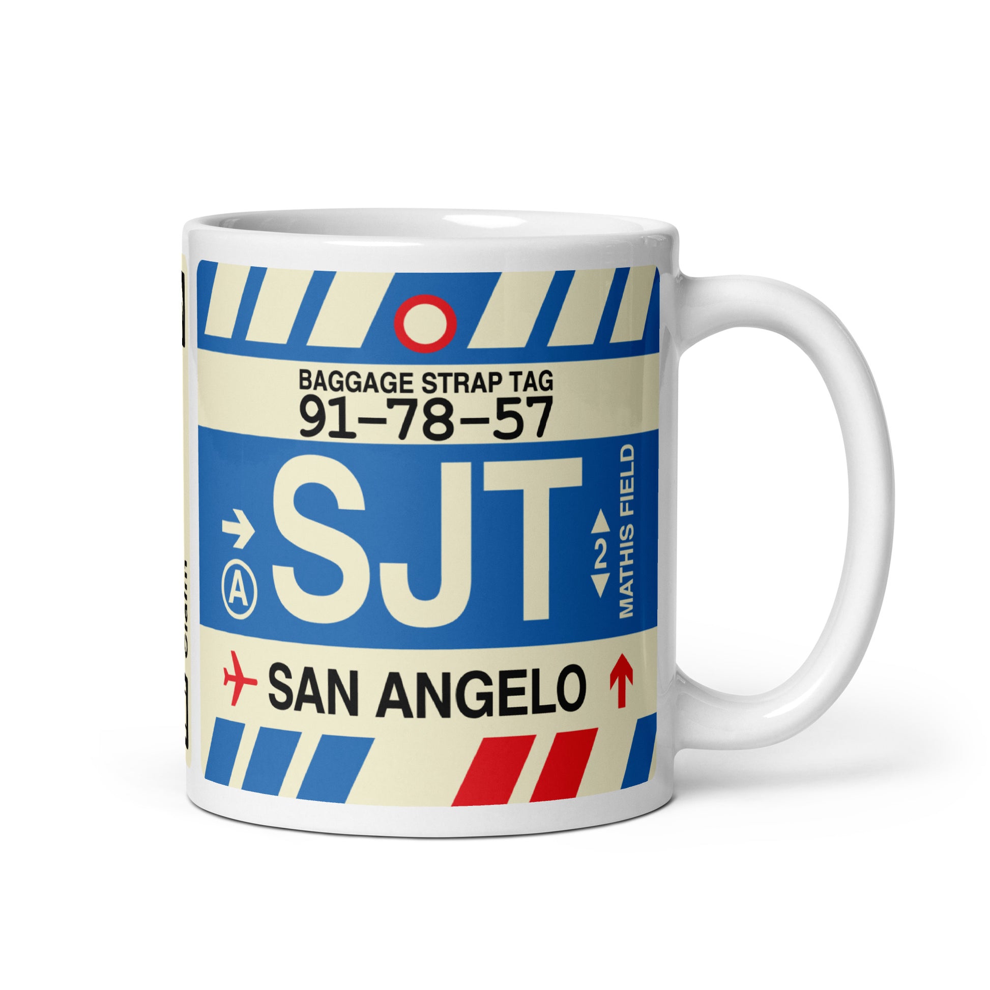 SJT San Angelo Coffee Mug • Jet Age Baggage Tag Design • YHM Designs - Image 01
