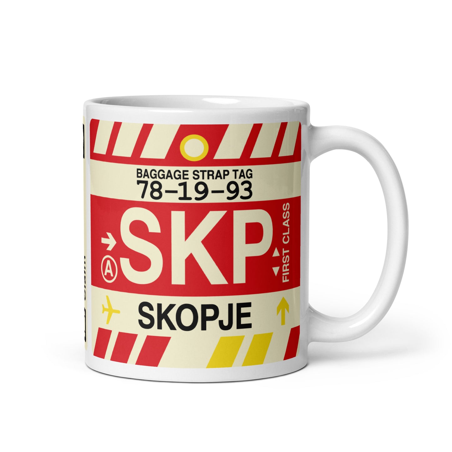 SKP Skopje Coffee Mug • Jet Age Baggage Tag Design • YHM Designs - Image 01