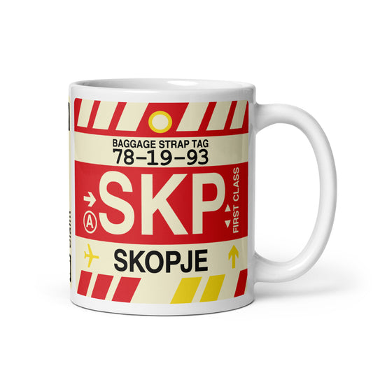 SKP Skopje Coffee Mug • Jet Age Baggage Tag Design • YHM Designs - Image 01