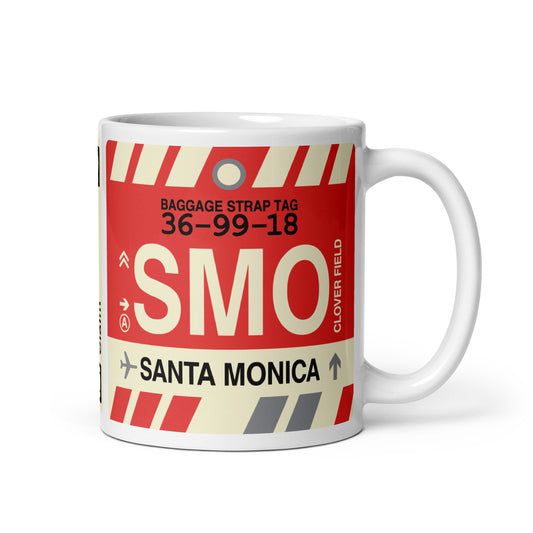 SMO Santa Monica Coffee Mug • Jet Age Baggage Tag Design • YHM Designs - Image 01