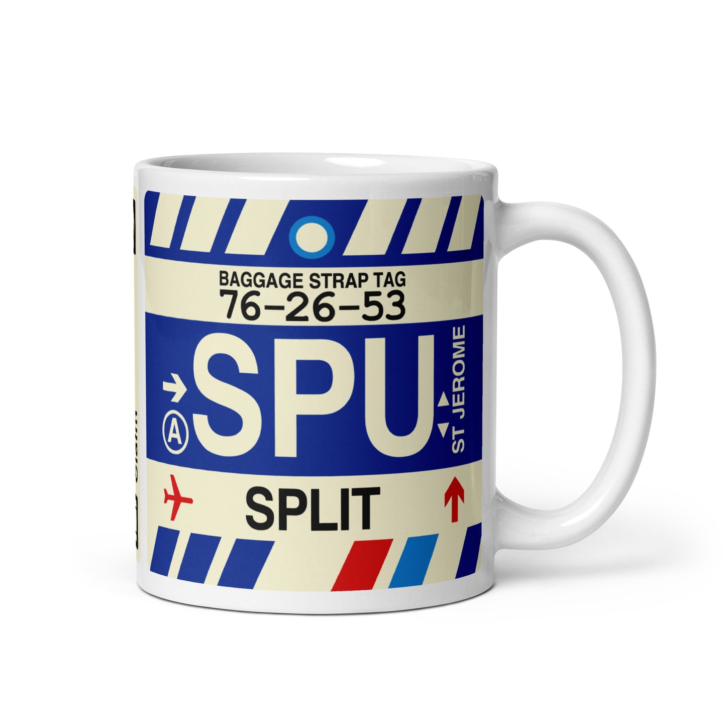 SPU Split Coffee Mug • Jet Age Baggage Tag Design • YHM Designs - Image 01