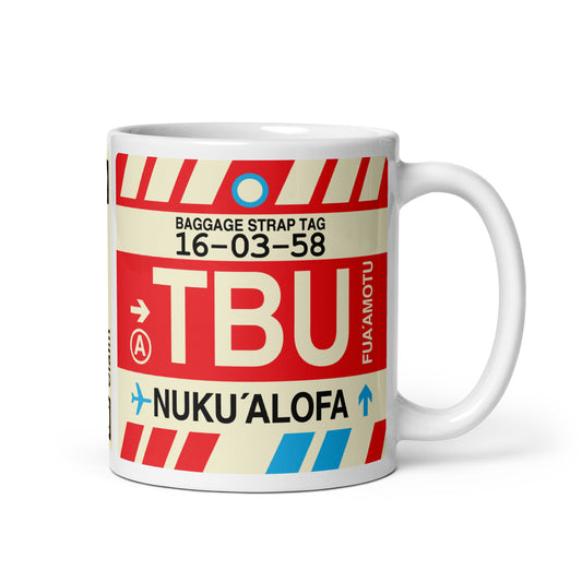 TBU Nuku'alofa Coffee Mug • Jet Age Baggage Tag Design • YHM Designs - Image 01