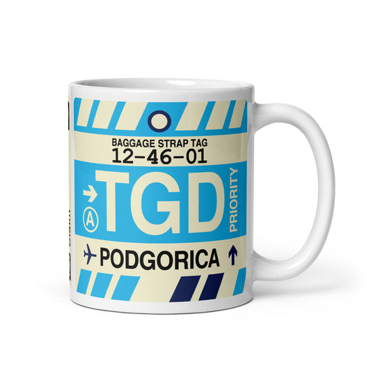 TGD Podgorica Coffee Mug • Jet Age Baggage Tag Design • YHM Designs - Image 01