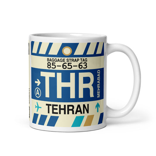 THR Tehran Coffee Mug • Jet Age Baggage Tag Design • YHM Designs - Image 01