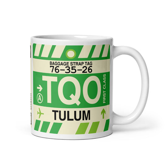 TQO Tulum Coffee Mug • Jet Age Baggage Tag Design • YHM Designs - Image 01