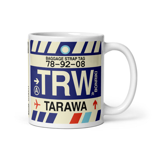 TRW Tarawa Coffee Mug • Jet Age Baggage Tag Design • YHM Designs - Image 01