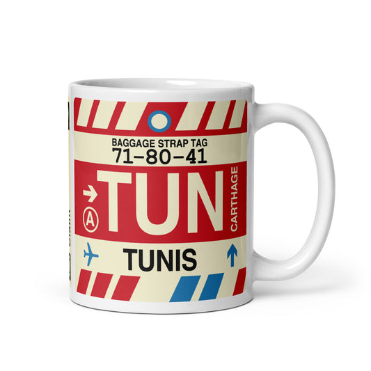 TUN Tunis Coffee Mug • Jet Age Baggage Tag Design • YHM Designs - Image 01