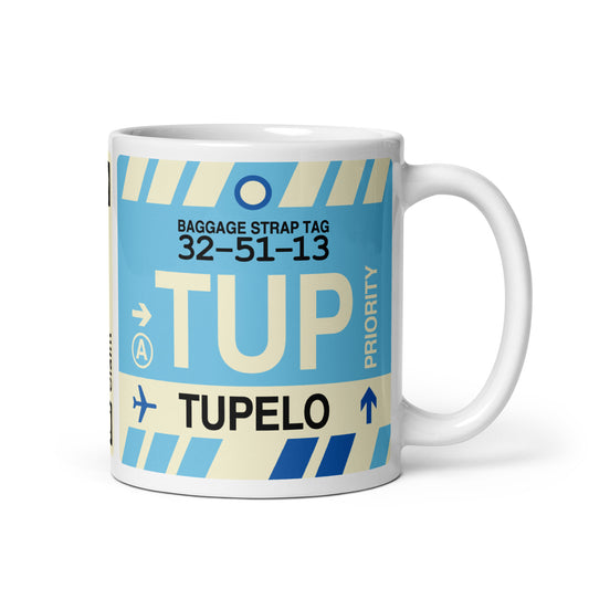 TUP Tupelo Coffee Mug • Jet Age Baggage Tag Design • YHM Designs - Image 01