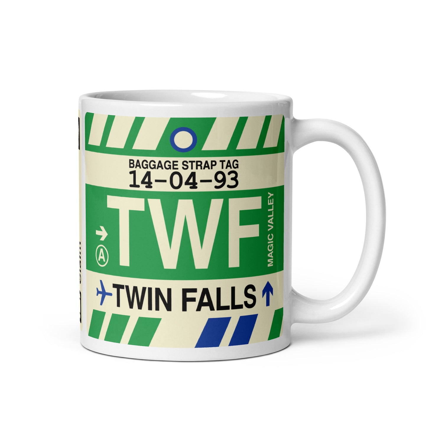 TWF Twin Falls Coffee Mug • Jet Age Baggage Tag Design • YHM Designs - Image 01