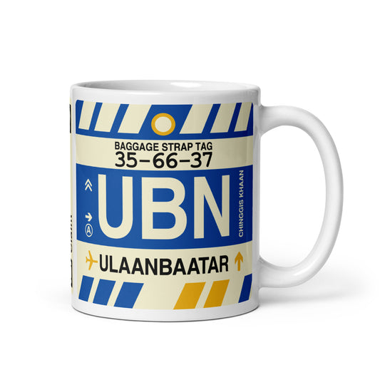 UBN Ulaanbaatar Coffee Mug • Jet Age Baggage Tag Design • YHM Designs - Image 01