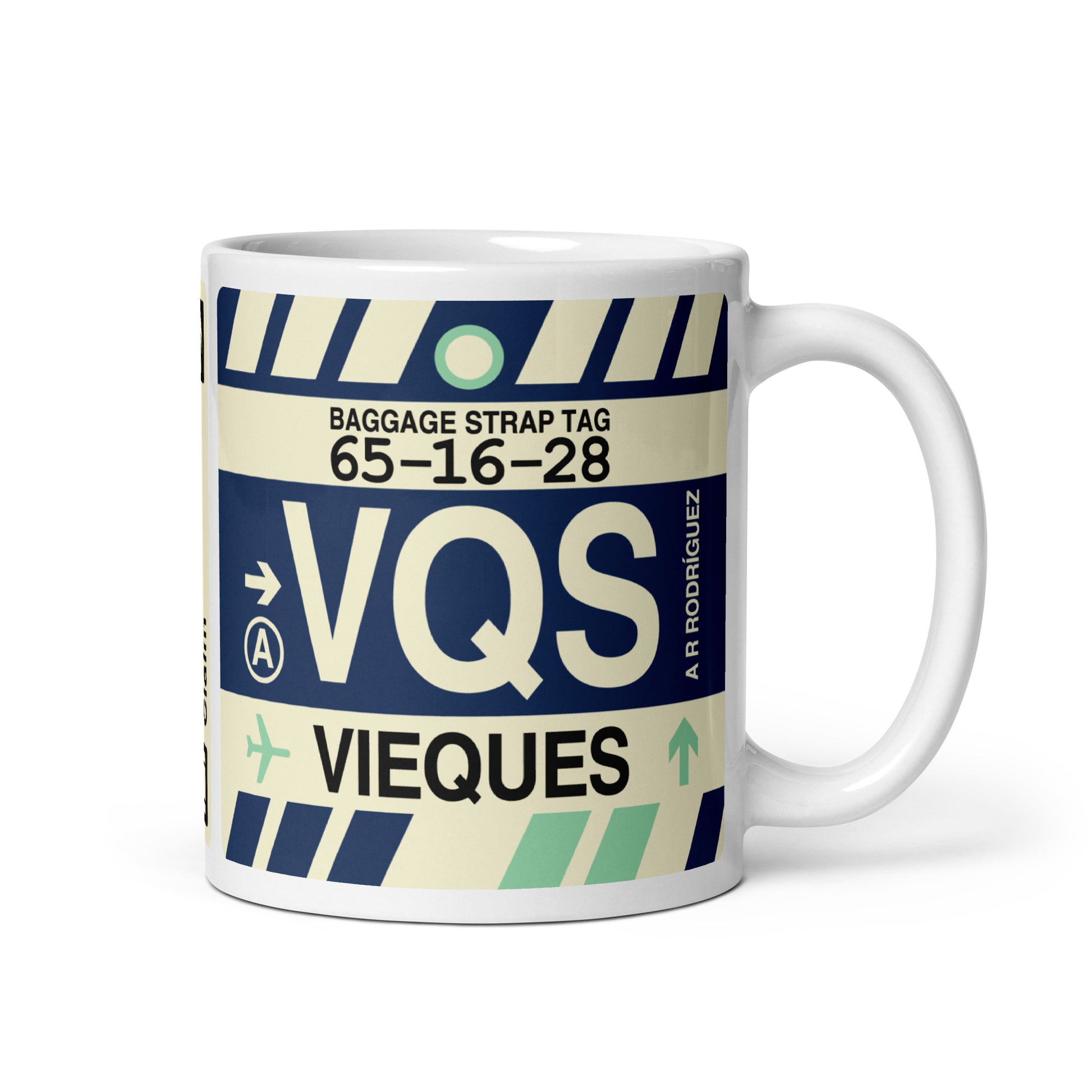VQS Vieques Coffee Mug • Jet Age Baggage Tag Design • YHM Designs - Image 01