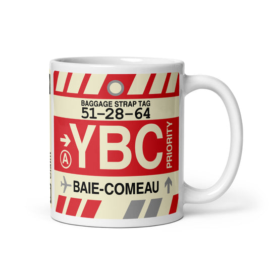 YBC Baie-Comeau Coffee Mug • Jet Age Baggage Tag Design • YHM Designs - Image 01