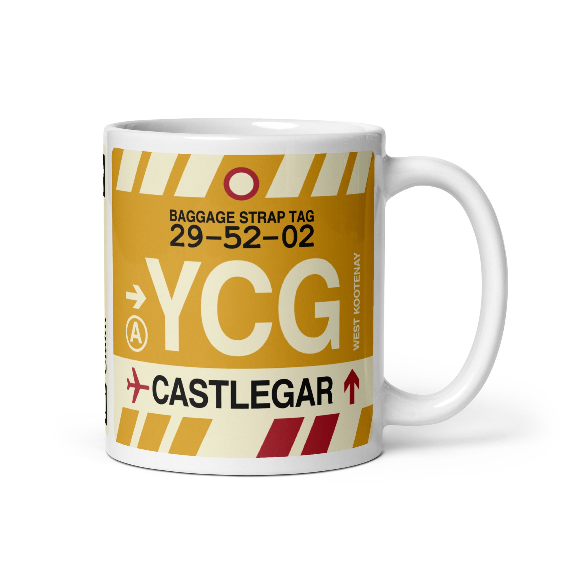 YCG Castlegar Coffee Mug • Jet Age Baggage Tag Design • YHM Designs - Image 01