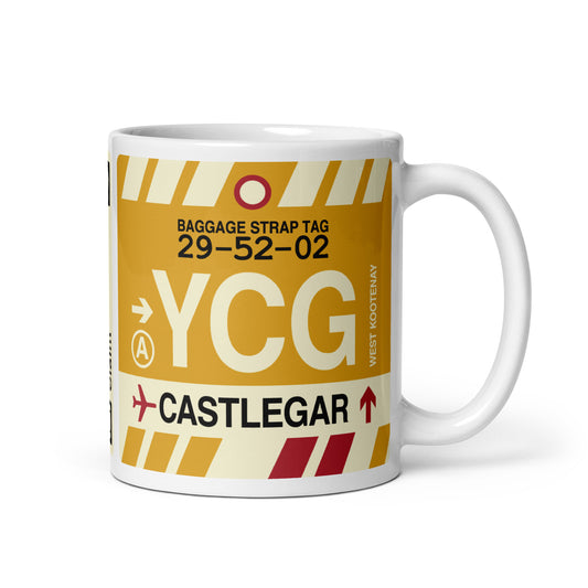 YCG Castlegar Coffee Mug • Jet Age Baggage Tag Design • YHM Designs - Image 01
