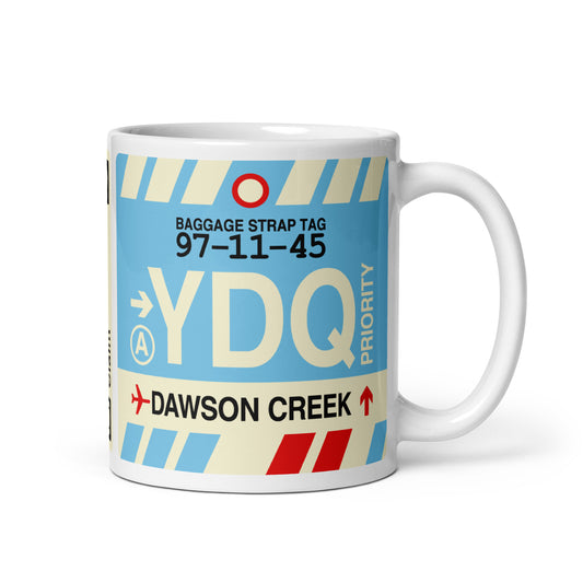 YDQ Dawson Creek Coffee Mug • Jet Age Baggage Tag Design • YHM Designs - Image 01