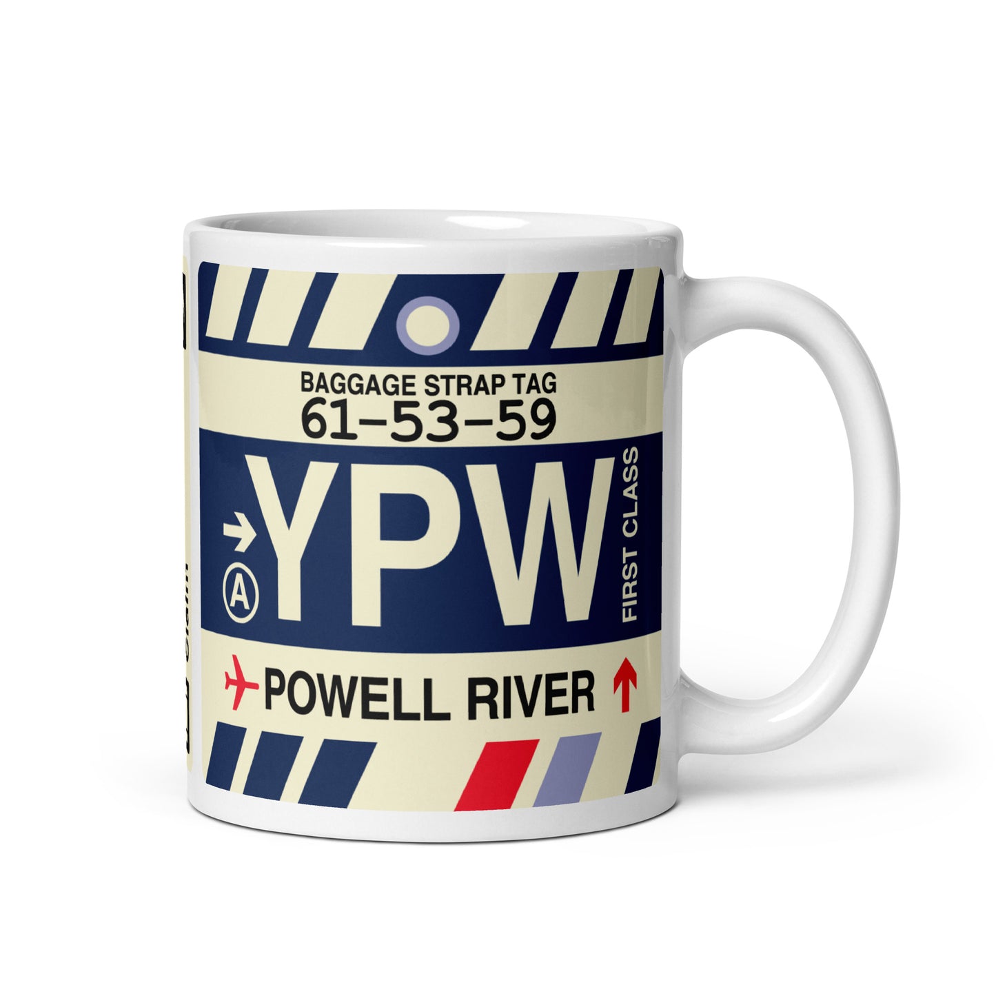 YPW Powell River Coffee Mug • Jet Age Baggage Tag Design • YHM Designs - Image 01