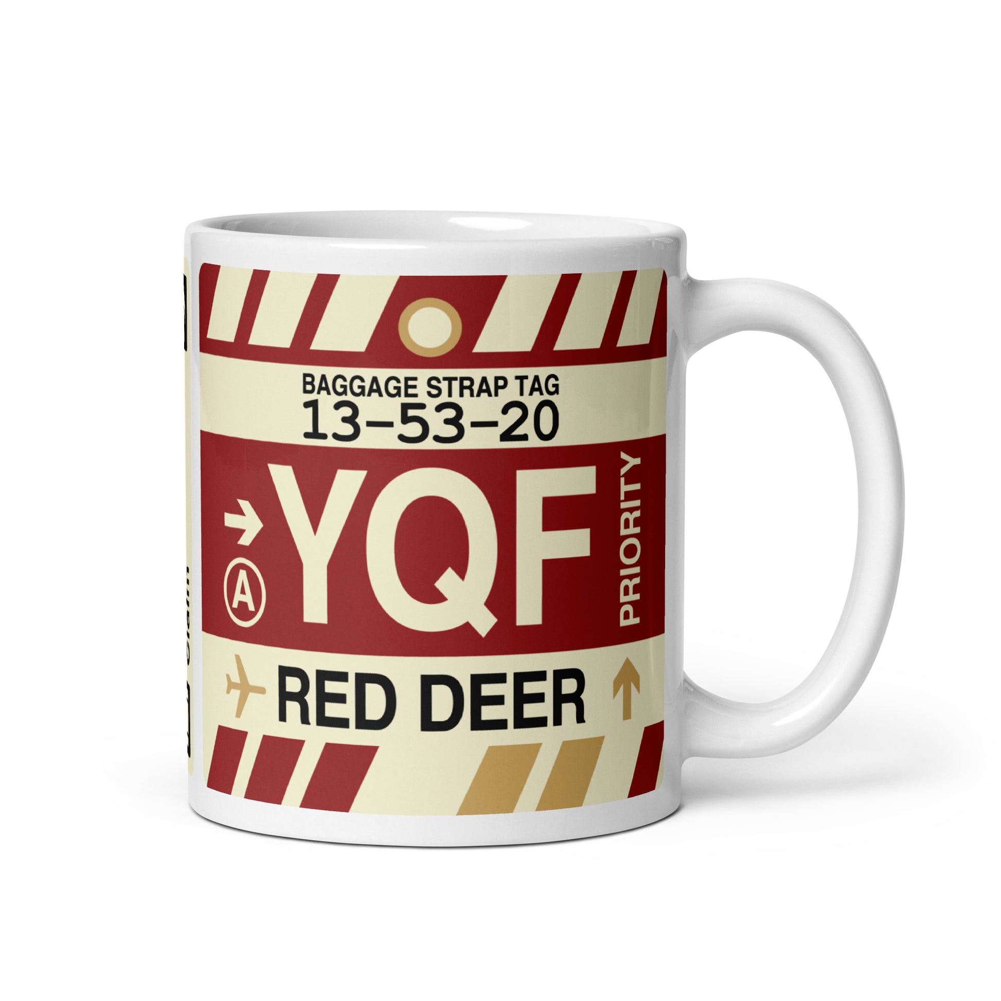 YQF Red Deer Coffee Mug • Jet Age Baggage Tag Design • YHM Designs - Image 01