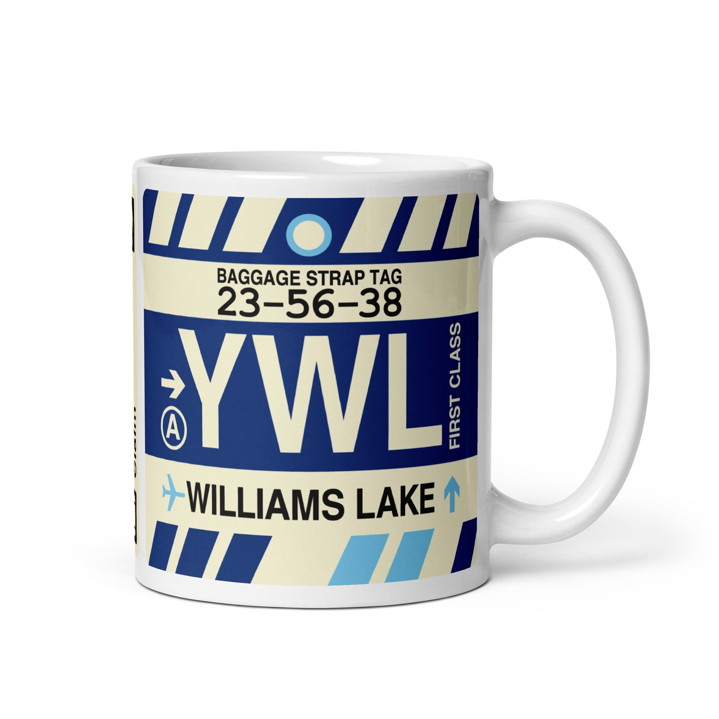 YWL Williams Lake Coffee Mug • Jet Age Baggage Tag Design • YHM Designs - Image 01