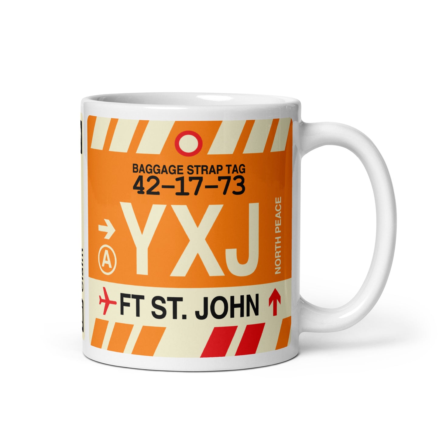 YXJ Fort St. John Coffee Mug • Jet Age Baggage Tag Design • YHM Designs - Image 01