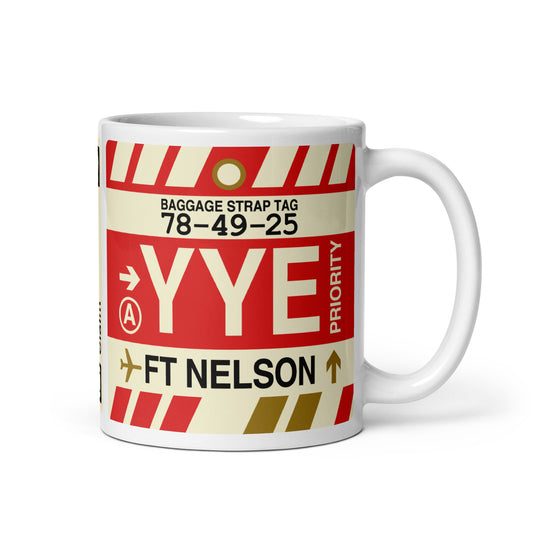 YYE Fort Nelson Coffee Mug • Jet Age Baggage Tag Design • YHM Designs - Image 01